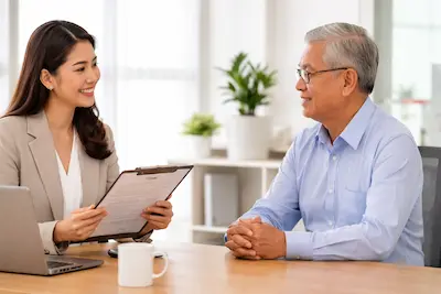 interviewer and elderly man interviewer and elderly man